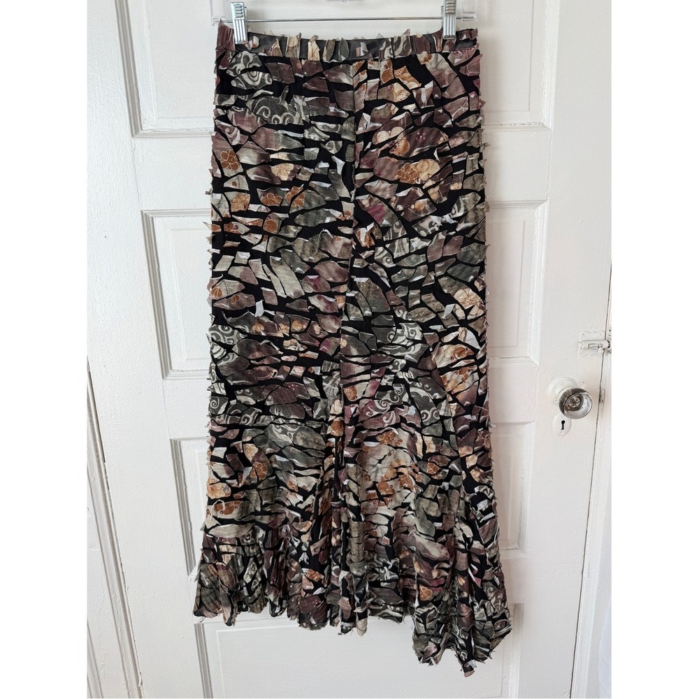 Vintage Y2K Mosaic Patchwork Maxi Skirt Asymmetrical Raw Hem Earth Tone Boho - Picture 13 of 13